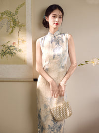 Ivory Blue Floral Jacquard Sleeveless Qipao Maxi Dress