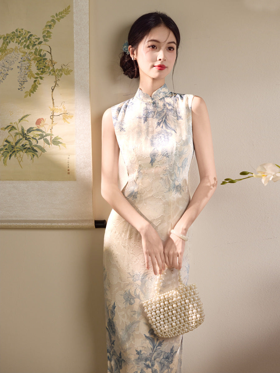 Ivory Blue Floral Jacquard Sleeveless Qipao Maxi Dress