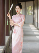 Pink Floral Three-Quarter Sleeve Mandarin Collar Qipao Dress