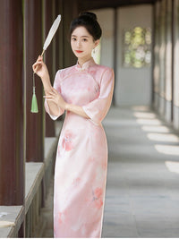 Pink Floral Three-Quarter Sleeve Mandarin Collar Qipao Dress