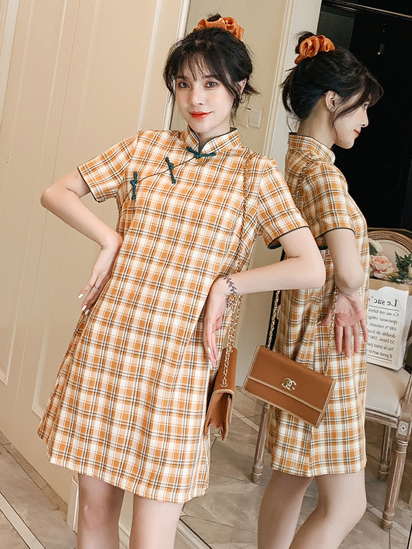 Yellow Plaid Short Cheongsam Dress Casual Vintage Style