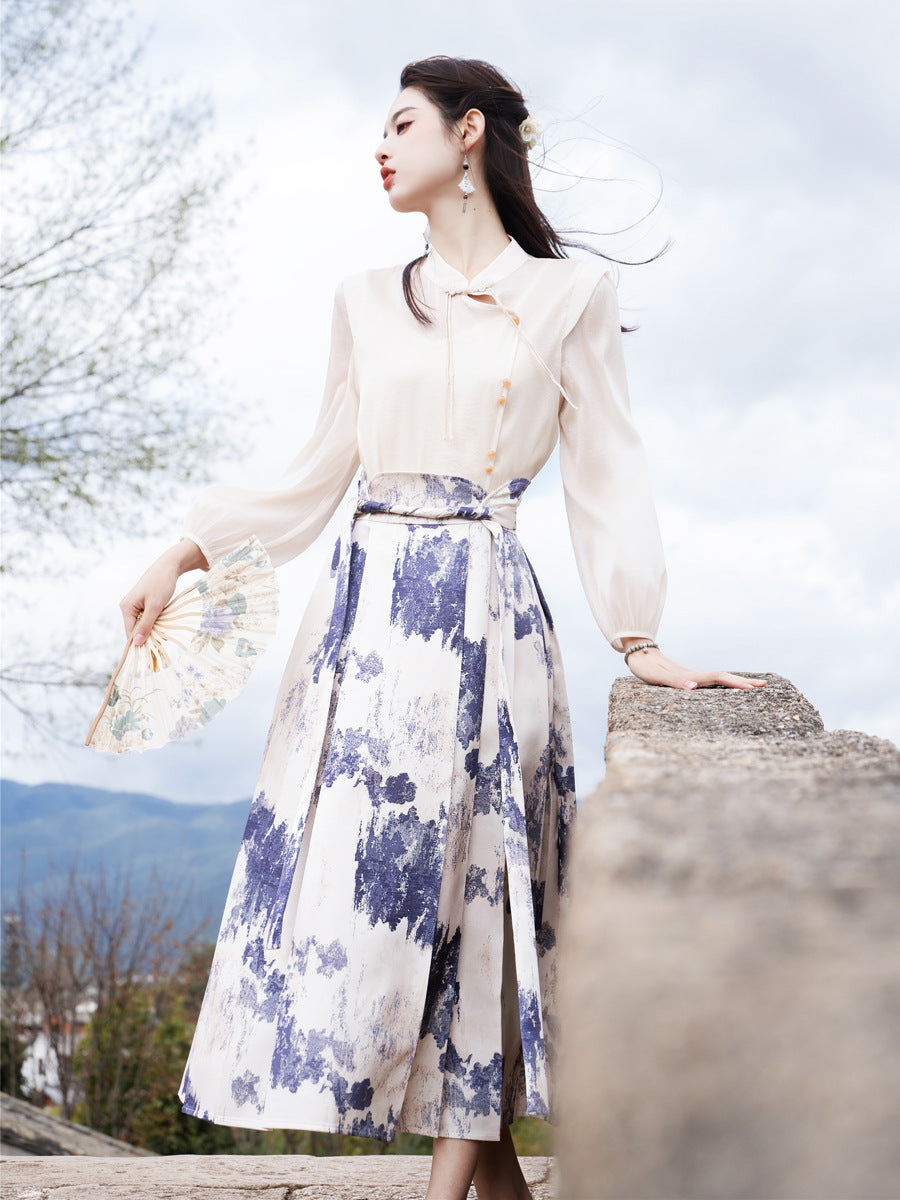 Elegant New Chinese Style Two-Piece Set – Artistic Top & Flowing Skirt