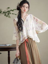 Floral Chiffon Top And High-Waist Wide-Leg Pants Two-Piece Set