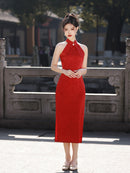 Elegant Red Halter Cheongsam Dress With Traditional Chinese Design