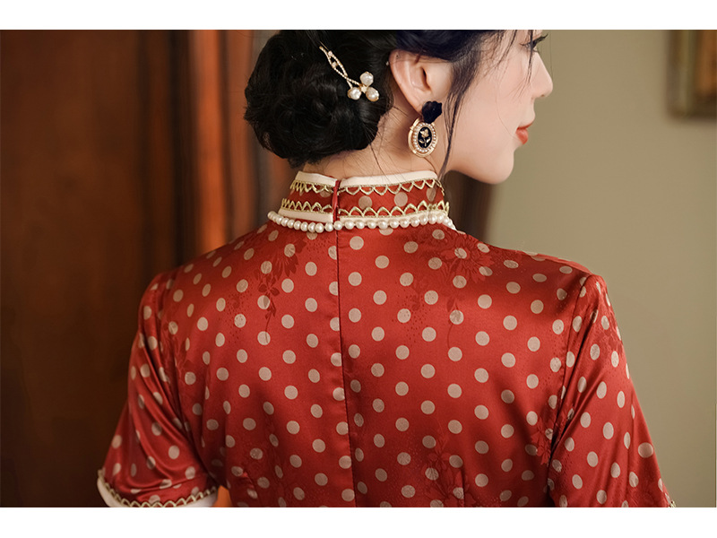 Vintage Red Polka Dot Cheongsam with Pearl Trim and Mandarin Collar