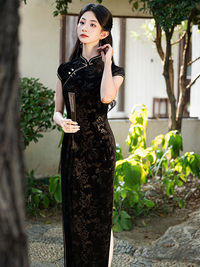 Velvet Embroidered Cheongsam Dress with Side Slit