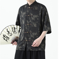 Men's Black Bamboo Print Shirt With Traditional Chinese Style