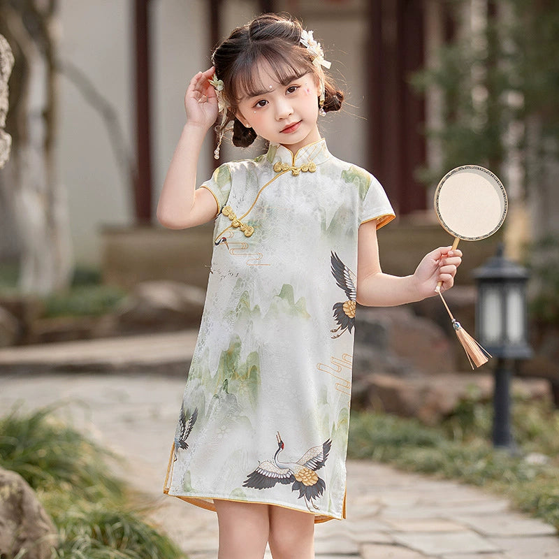 'Crane' Girls' Traditional Chinese Pattern Cheongsam