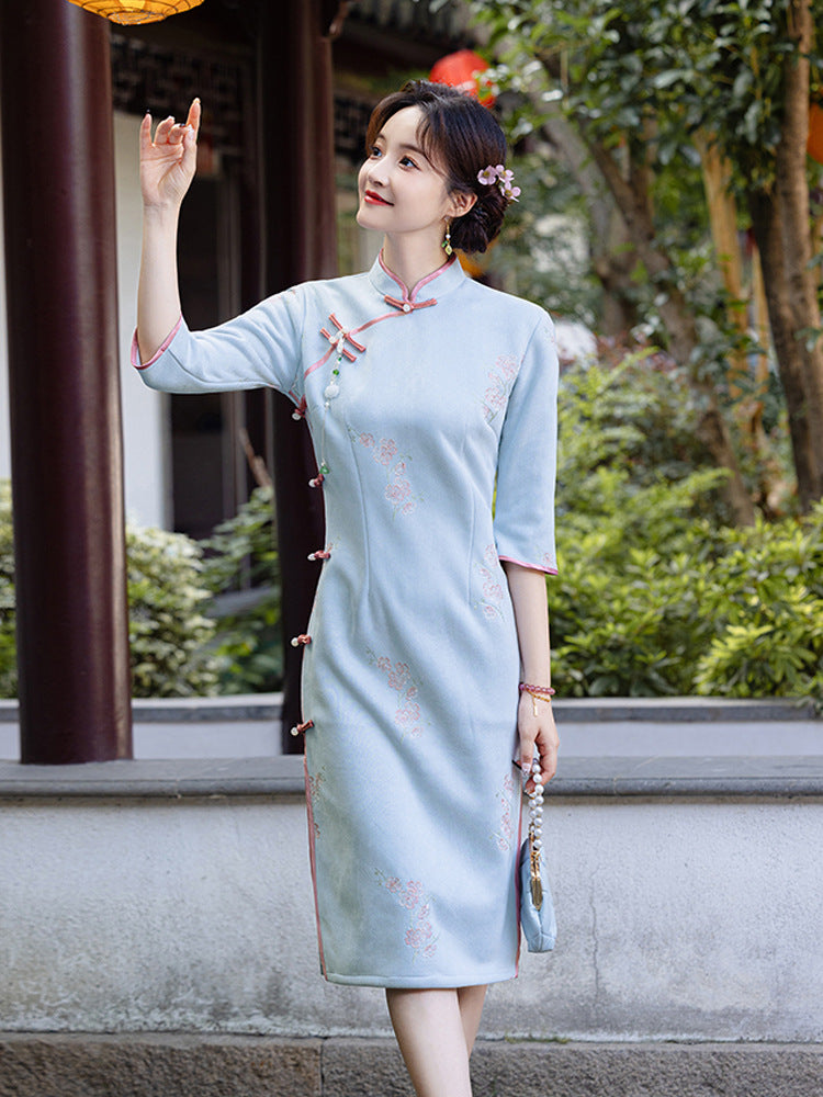 Mother And Daughter Matching Cheongsam Dress Elegant Blue Embroidery Outfit