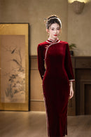 Red Velvet Lace Long Sleeve Qipao Dress | Slim Mandarin Maxi