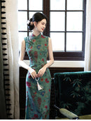 Green Floral Sleeveless Mandarin Collar Slim Qipao Dress