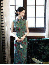 Green Floral Sleeveless Mandarin Collar Slim Qipao Dress
