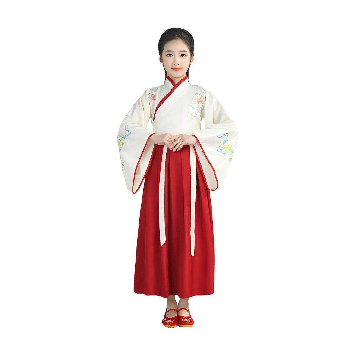 Girls' Red and White Embroidered Hanfu - Chinese Clothing