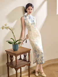 Ivory Blue Floral Jacquard Sleeveless Qipao Maxi Dress