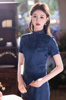 Denim Blue Jacquard Midi Cheongsam Dress | Slim Mandarin Collar