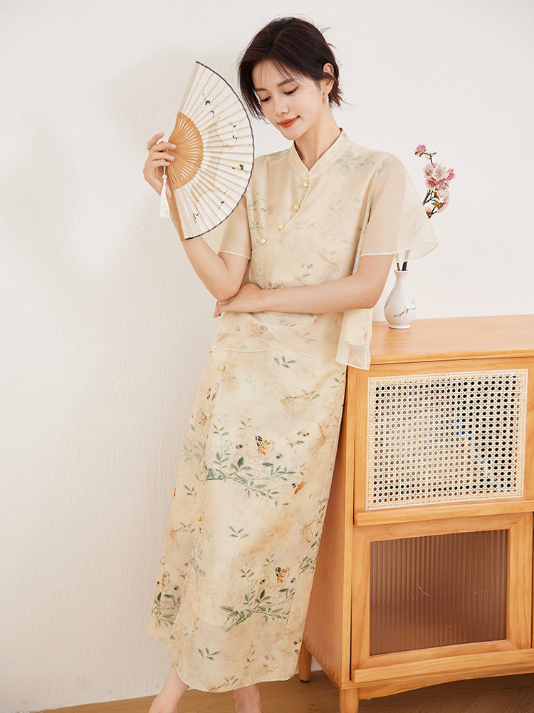 Elegant Floral Printed Hanfu Two-Piece Set with Sheer Overlay