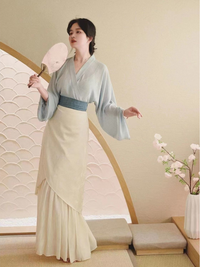 Elegant Two-Piece Flowing Hanfu Set with Light Blue Top and Cream Skirt