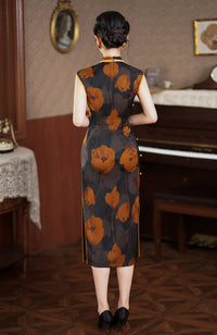 Elegant Black Cheongsam with Floral Prints and Pearl Detailing