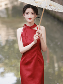 Elegant Halter-Style Red Cheongsam with Floral Jacquard