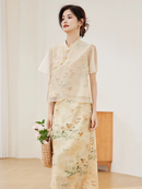 Elegant Floral Printed Hanfu Two-Piece Set with Sheer Overlay