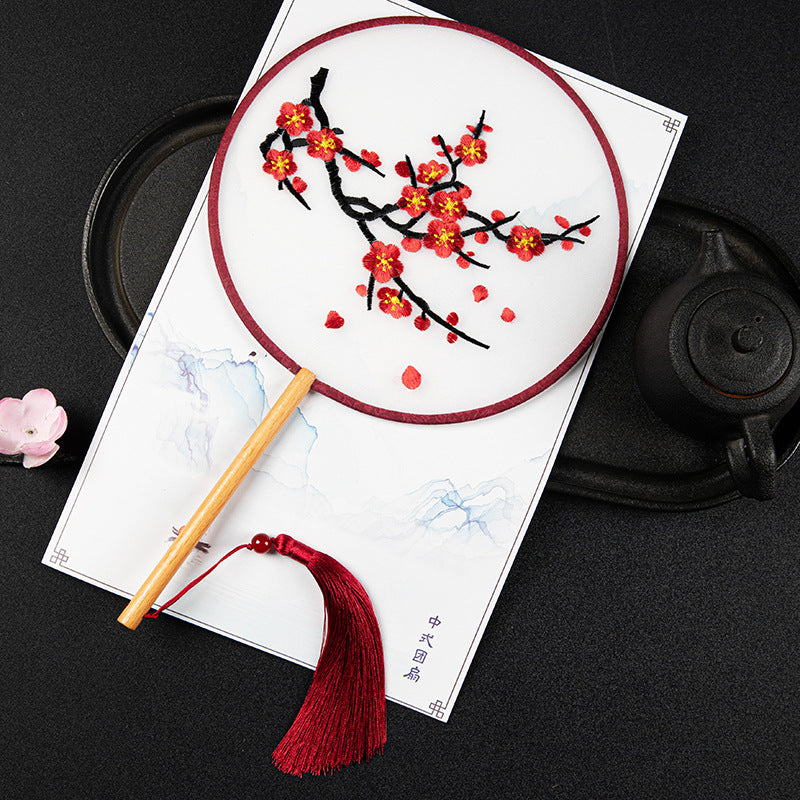 Elegant Plum Blossom Round Silk Fan With Red Tassel For Traditional Hanfu Styling