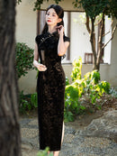 Velvet Embroidered Cheongsam Dress with Side Slit