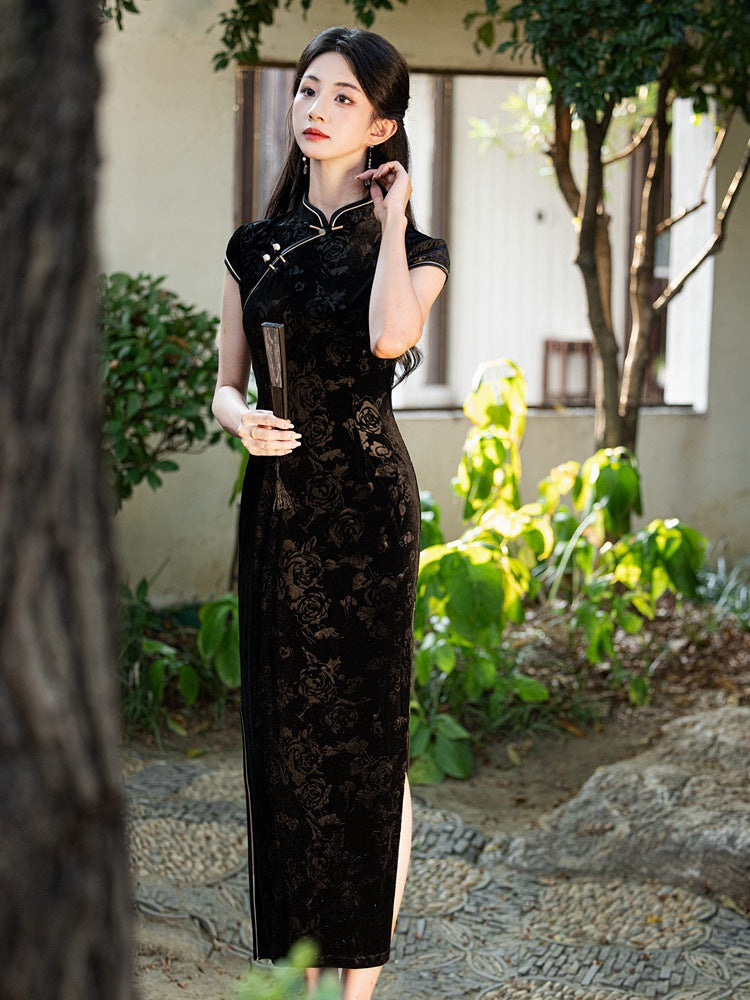 Velvet Embroidered Cheongsam Dress with Side Slit