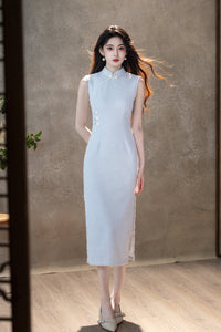 Light Blue Floral Sleeveless Qipao Dress | Slim Mandarin Midi