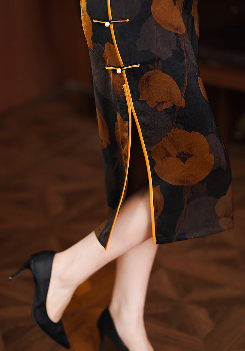 Elegant Black Cheongsam with Floral Prints and Pearl Detailing