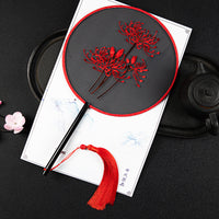 Red Spider Lily Embroidered Round Fan With Tassel For Hanfu Styling