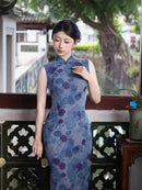 Blue Rose Floral Print Sleeveless Slim Mandarin Qipao Dress