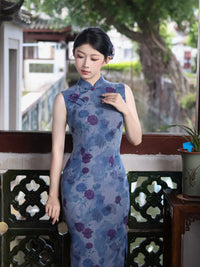 Blue Rose Floral Print Sleeveless Slim Mandarin Qipao Dress