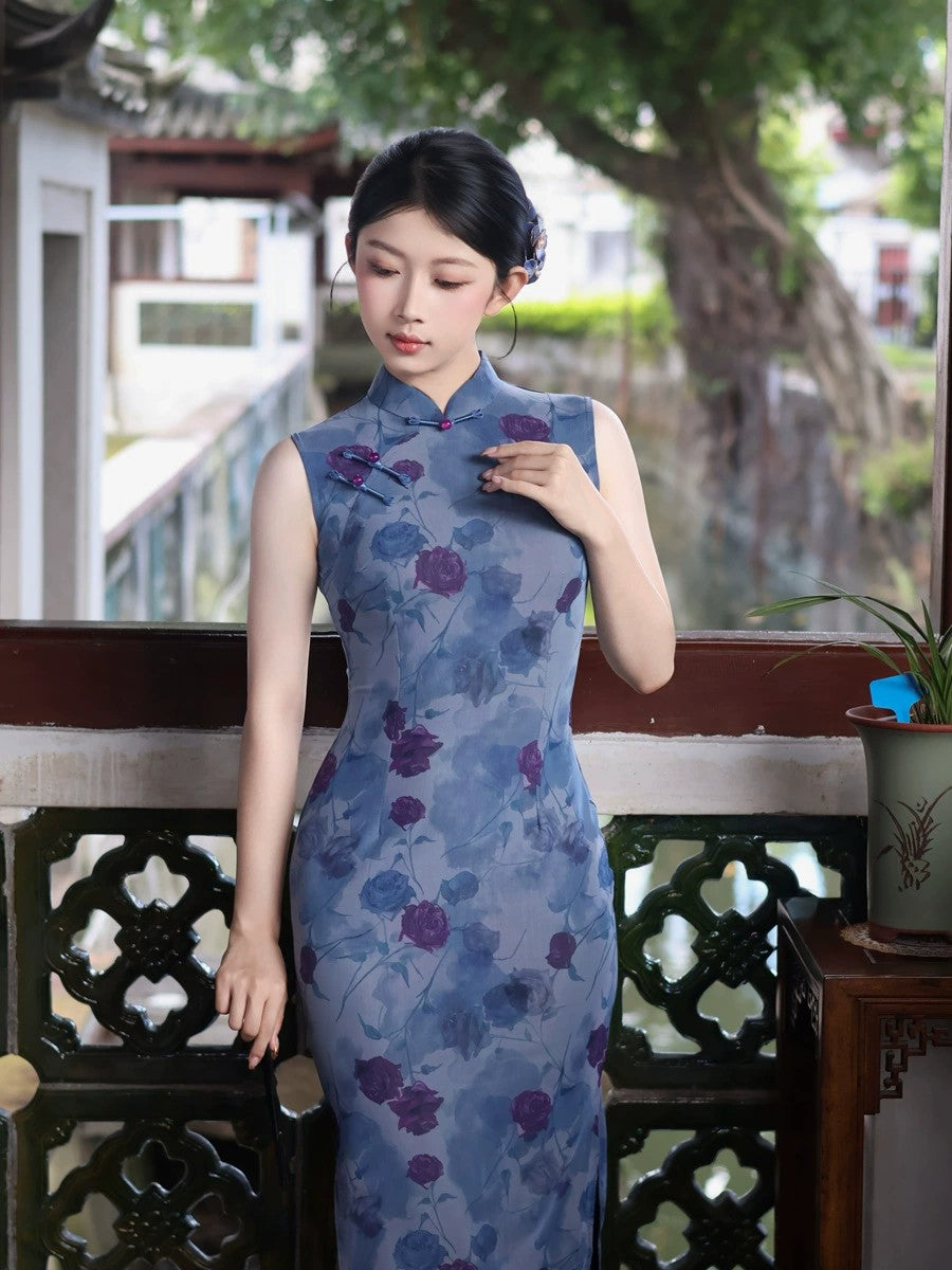Blue Rose Floral Print Sleeveless Slim Mandarin Qipao Dress