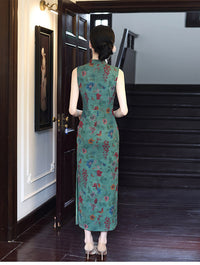 Green Floral Sleeveless Mandarin Collar Slim Qipao Dress