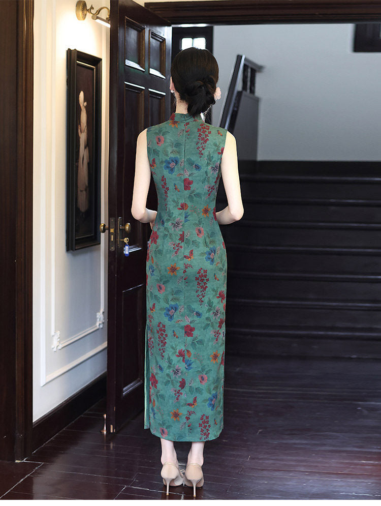 Green Floral Sleeveless Mandarin Collar Slim Qipao Dress