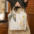 Elegant Bamboo Handle Embroidered Tote Bag with Floral Design for Hanfu Styling