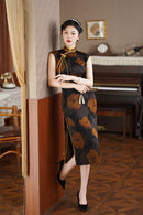 Elegant Black Cheongsam with Floral Prints and Pearl Detailing