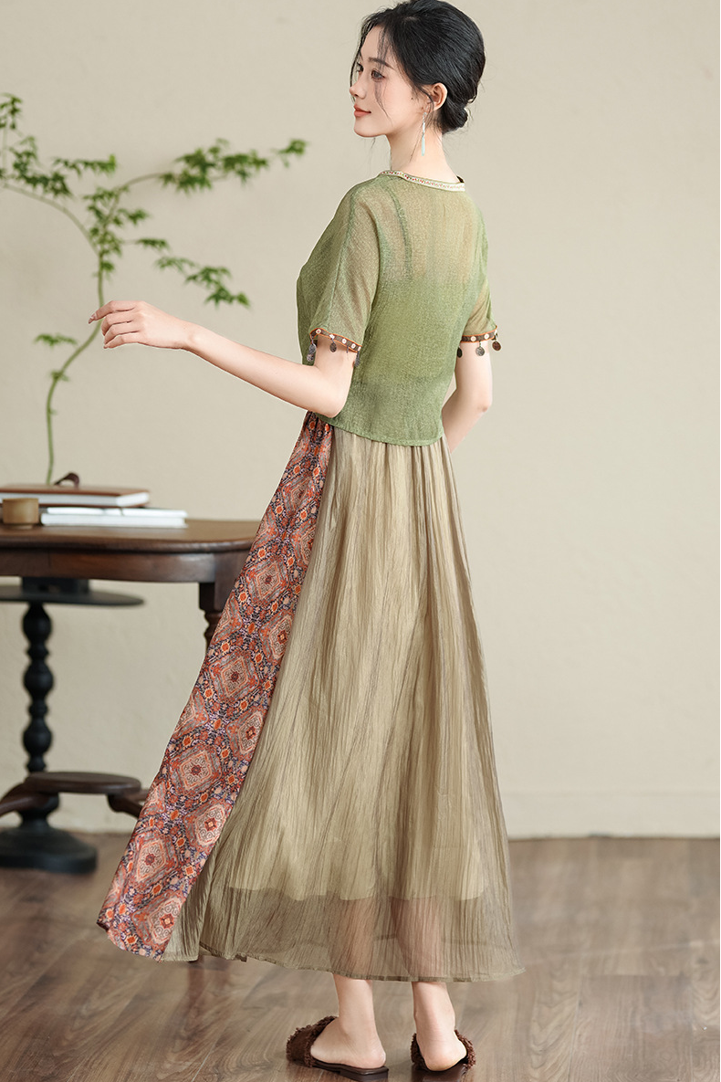 Bohemian Green Sheer Maxi Dress with Ethnic Patterns