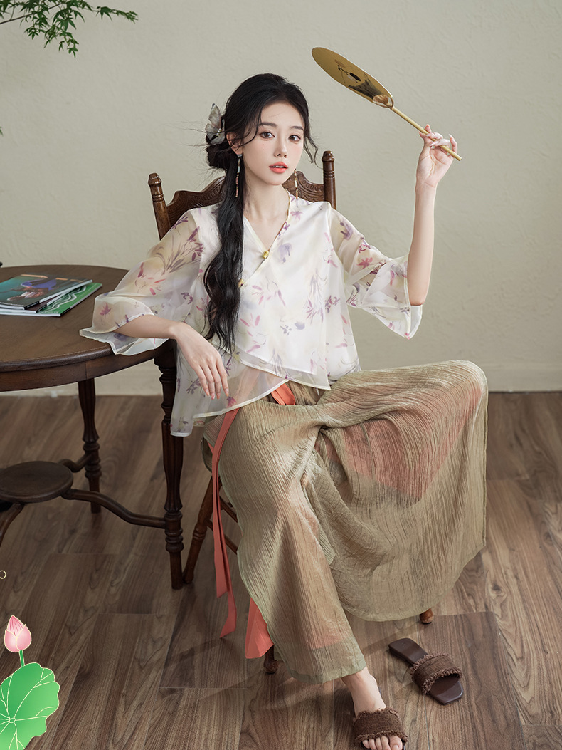 Floral Chiffon Top And High-Waist Wide-Leg Pants Two-Piece Set