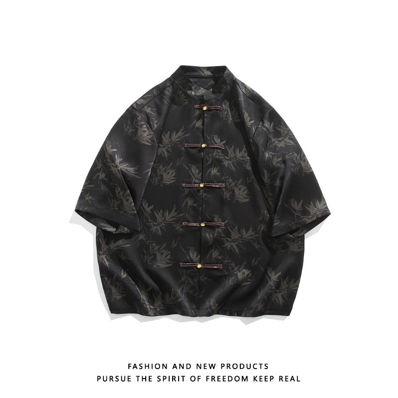 Men's Black Bamboo Print Shirt With Traditional Chinese Style