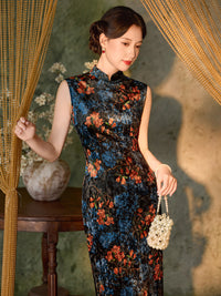 Black Rust Floral Velvet Sleeveless Qipao Dress | Slim Mandarin Midi