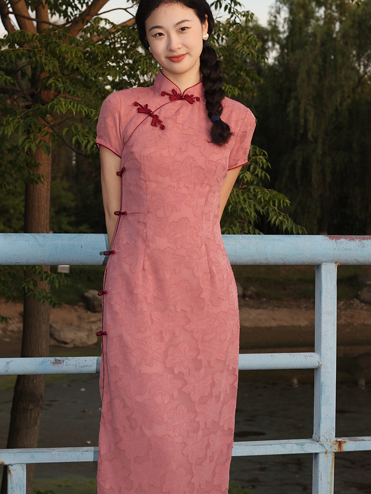 Elegant Pink Floral Cheongsam Dress