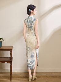 Ivory Blue Floral Jacquard Sleeveless Qipao Maxi Dress