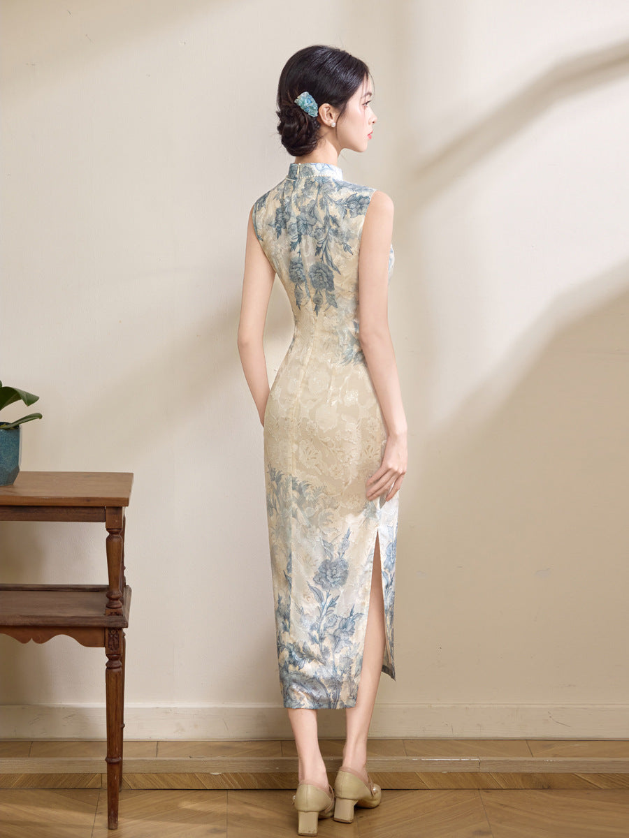 Ivory Blue Floral Jacquard Sleeveless Qipao Maxi Dress