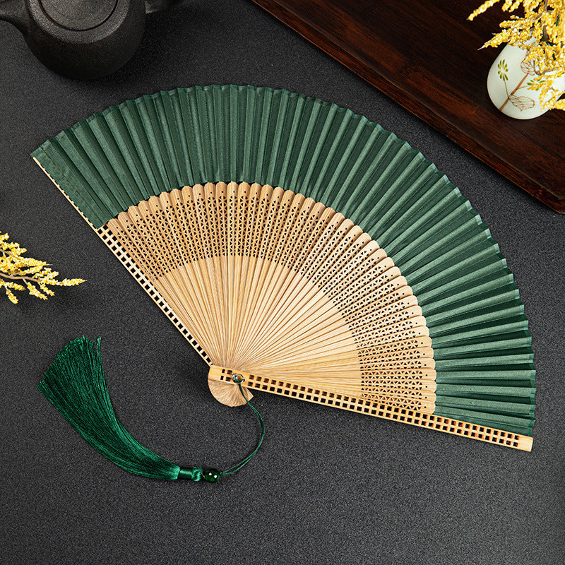 Elegant Bamboo Hand Fan With Green Silk Tassel And Decorative Box