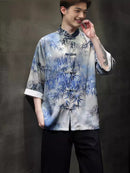 Chinese Vintage Men's Tang Linen Shirt with Bamboo Leaf Embroidery Designs