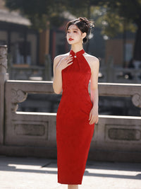 Elegant Red Halter Cheongsam Dress With Traditional Chinese Design