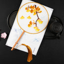 Double-Sided Embroidered Ginkgo Hand Fan with Golden Tassel