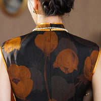 Elegant Black Cheongsam with Floral Prints and Pearl Detailing