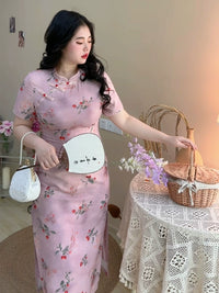 Elegant Pink Cherry Blossom Cheongsam Dress with Delicate Button Detailing